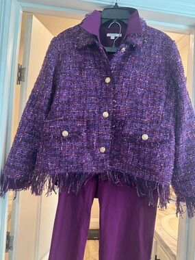 Chico's Purple Tweed Fringe Jacket with Gold Buttons